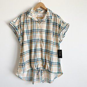 New York Laundry, Women's Button Down Short Sleeve Tie-Front Plaid Shirt, 1X
